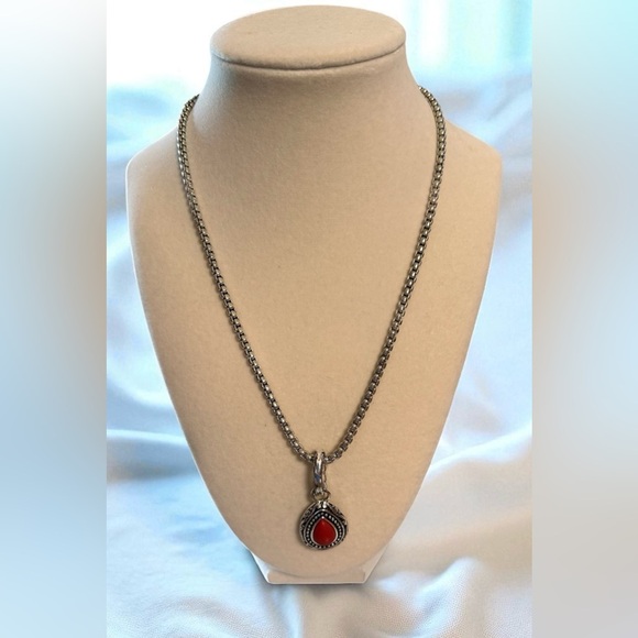 Premier Designs Teardrop Red Cabachon SilverTone Pendant Necklace 10” - Picture 8 of 13